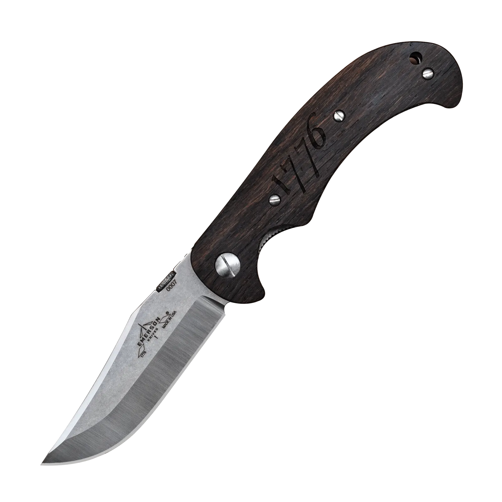 A folding pocket knife with a curved, polished metal blade and a dark wooden handle featuring engraved markings and finger grooves, shown against a plain white background.