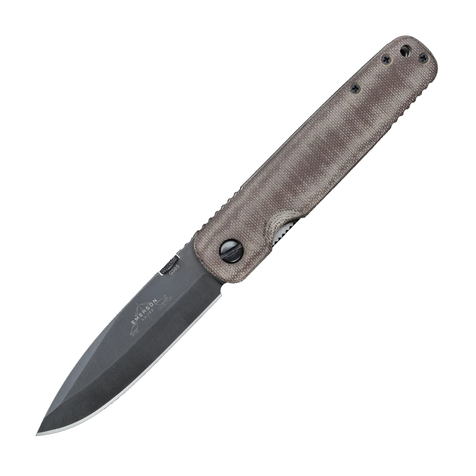The A-100 Micarta by Emerson Knives, Inc. is a sleek gentleman’s knife with a silver blade, textured brown handle, metal screws, thumb stud for easy opening, and an engraved logo near the handle for classic appeal.