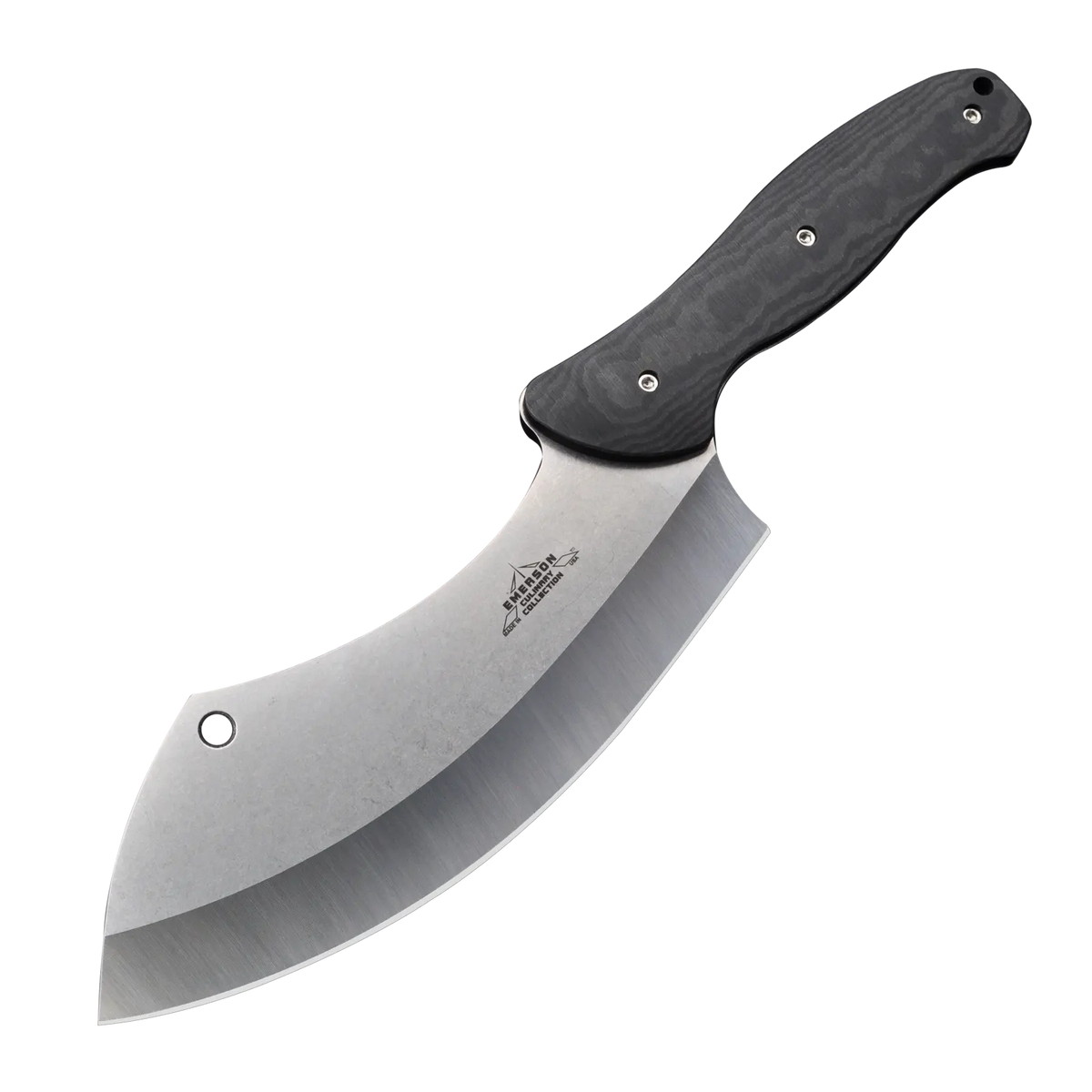 The Kitchen - Angus by Emerson Knives, Inc. is a large, curved brisket knife with a wide stainless steel blade and black ergonomic handle—ideal for holiday feasts or your Limited Edition Christmas Knives collection. Shown on a plain white background.