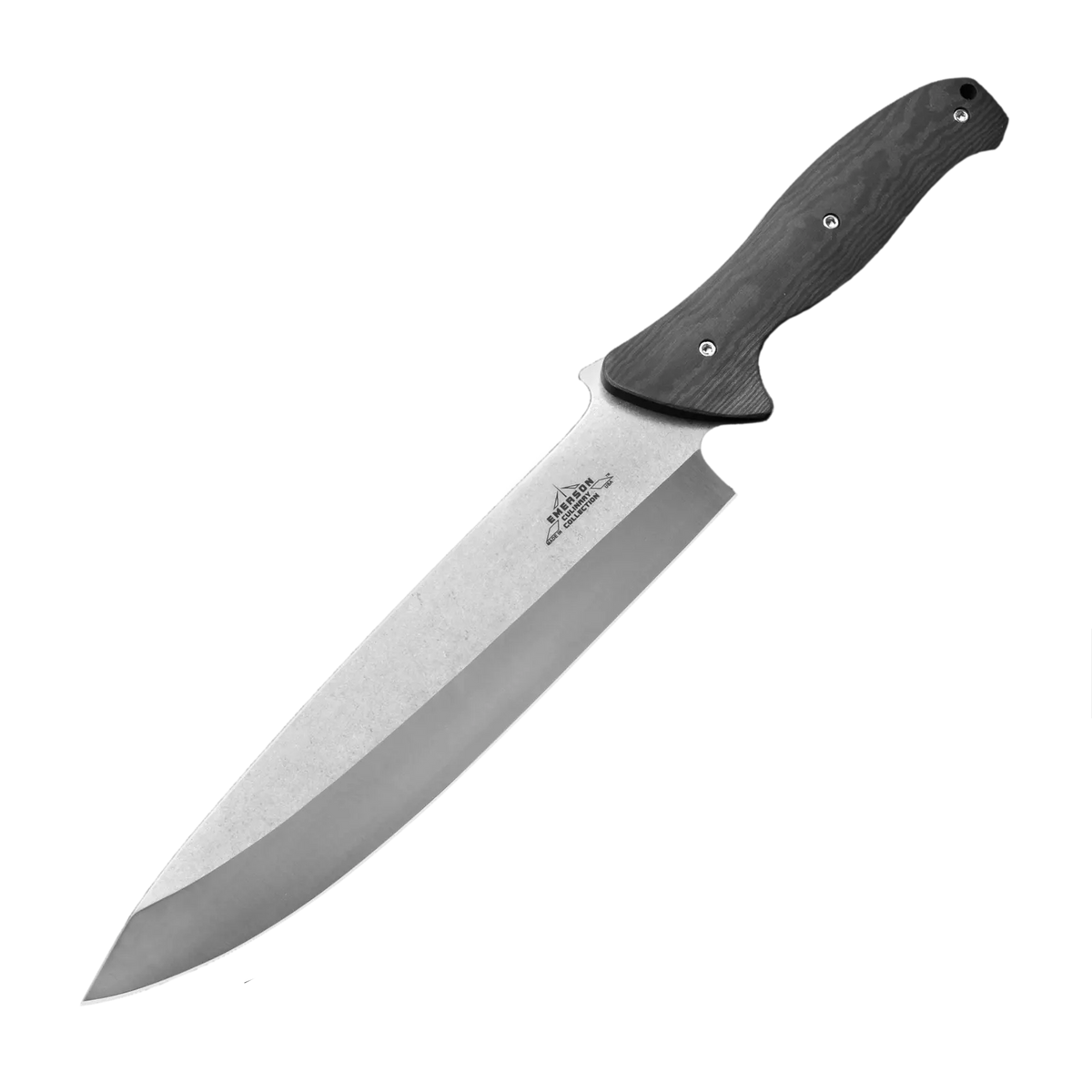 The Emerson Knives, Inc. Kitchen - Big Chopper Chef's Knife features a black handle and silver blade with an engraved logo, shown against a plain white background.