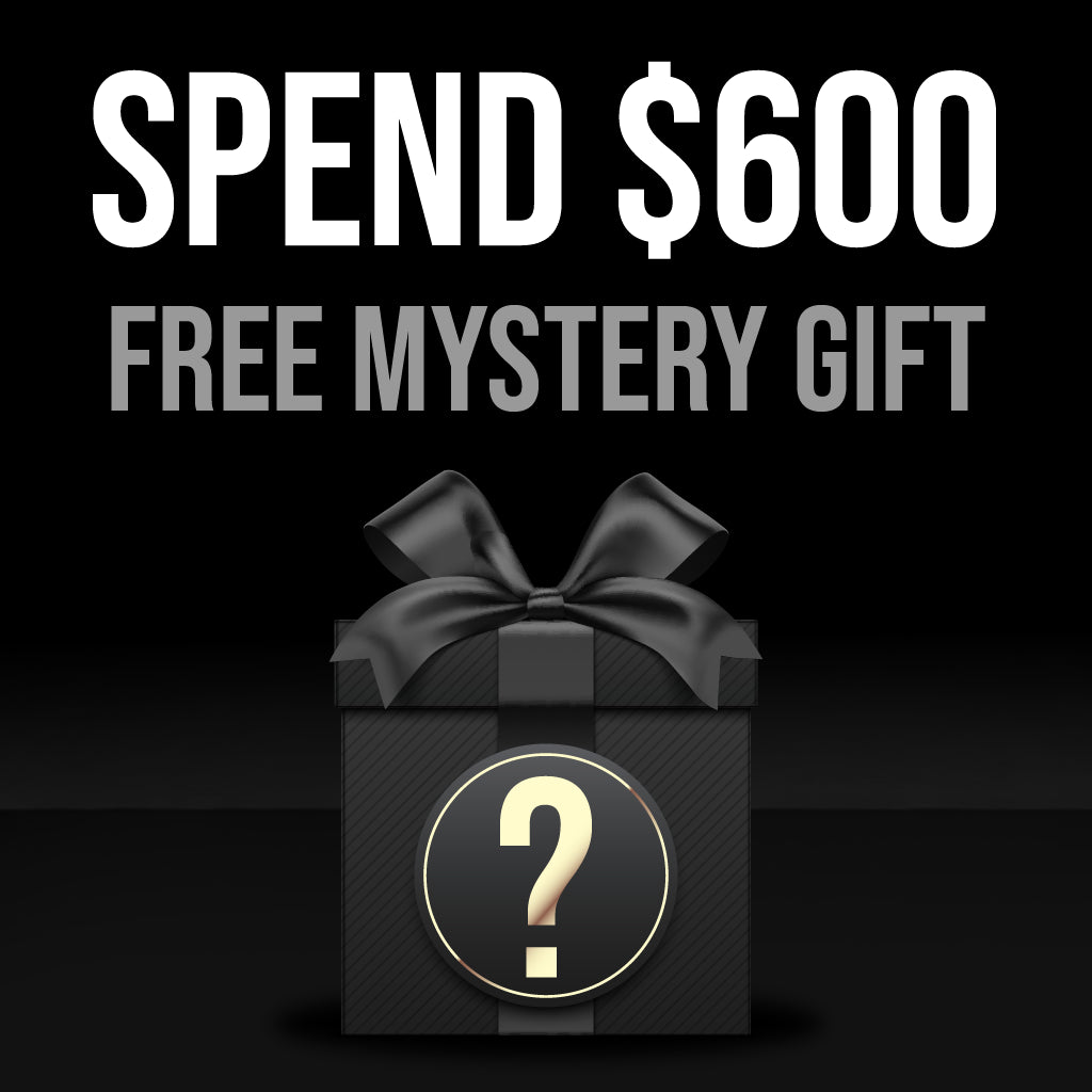 A black gift box with a bow and a question mark on the front is shown beneath bold text reading “SPEND $600 FREE Mystery Gift by Emerson Knives, Inc.” on a dark background.