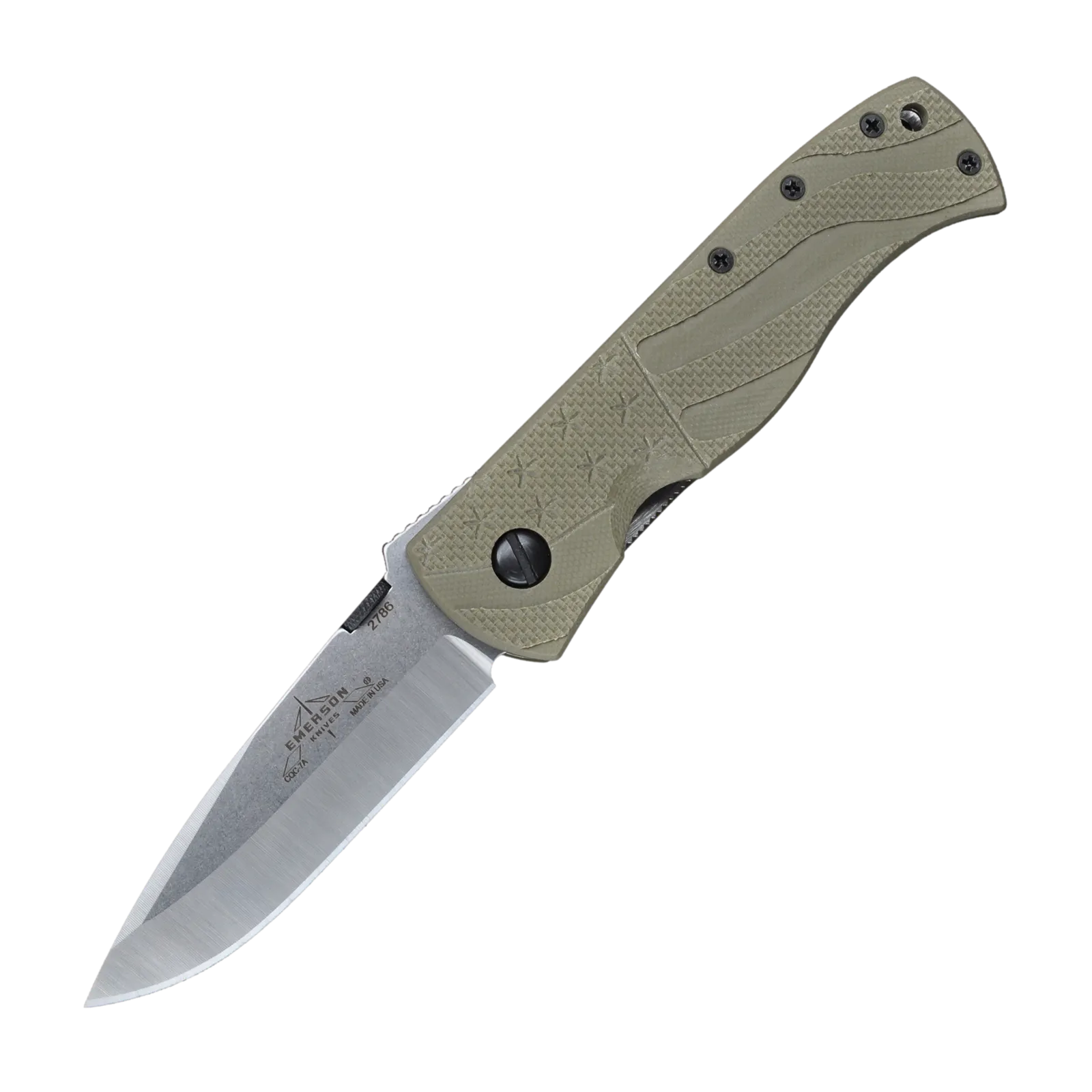 The Emerson Knives, Inc. CQC-7A Flag is a gray folding pocket knife with a textured handle and a partially serrated stainless steel blade, shown against a plain white background.