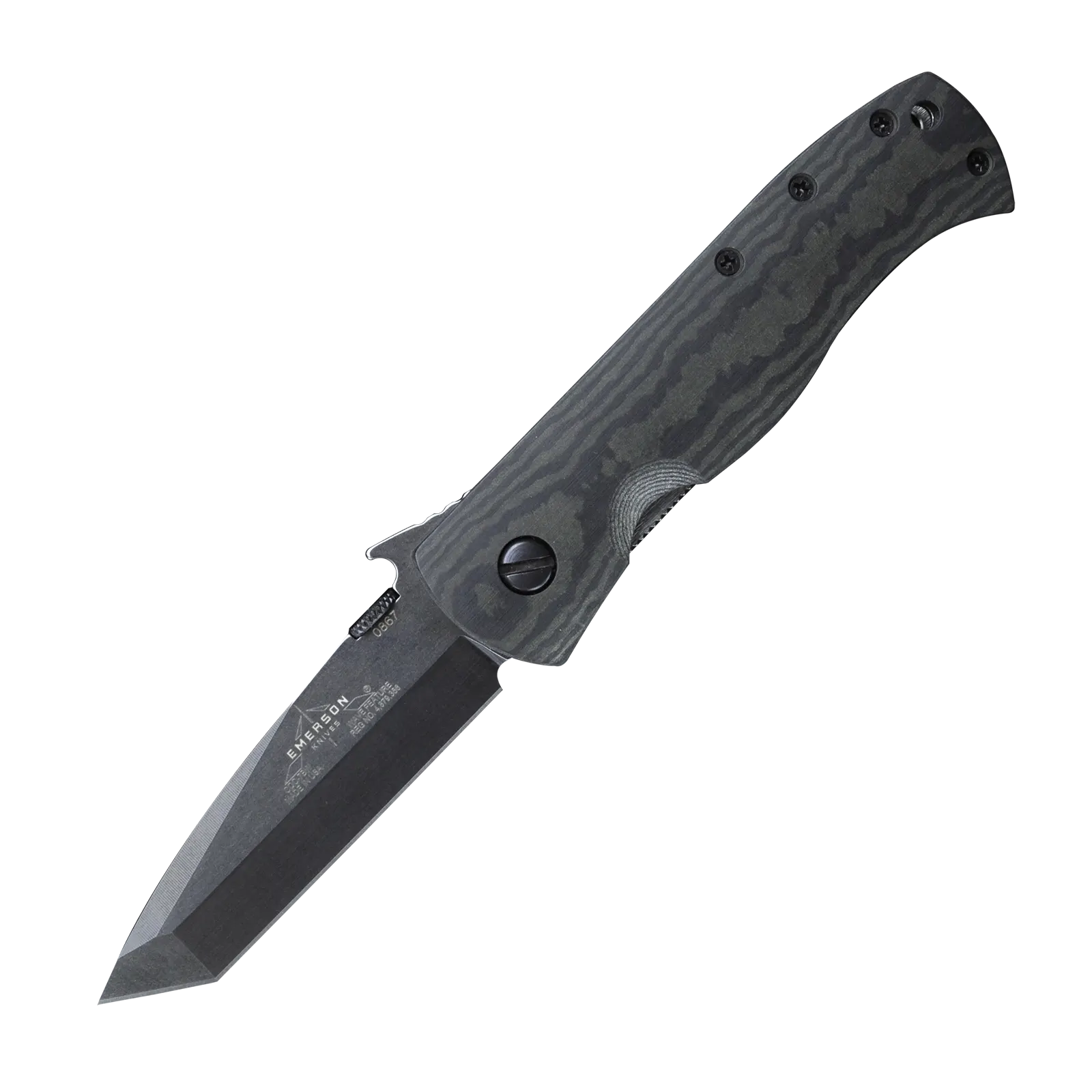 The Emerson Knives, Inc. CQC-7B Richlite is a folding knife with a textured black handle, a silver tanto-style blade, thumb stud, and visible handle screws.