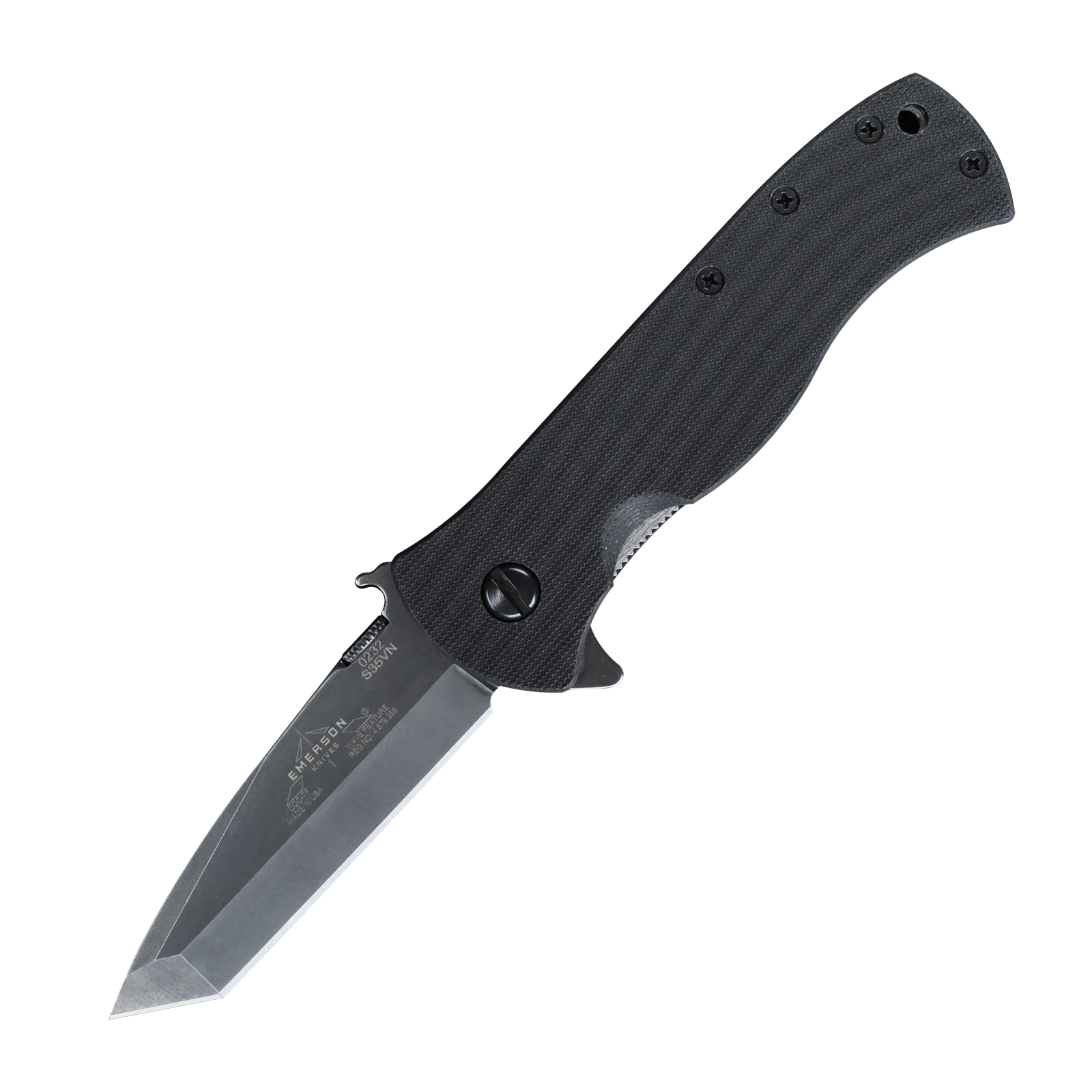 The Emerson Knives, Inc. CQC-7BW Flipper is a folding pocket knife with a black textured handle, silver tanto-style blade, thumb stud, brand markings at the base, and a smooth ball-bearing pivot for reliable everyday carry.