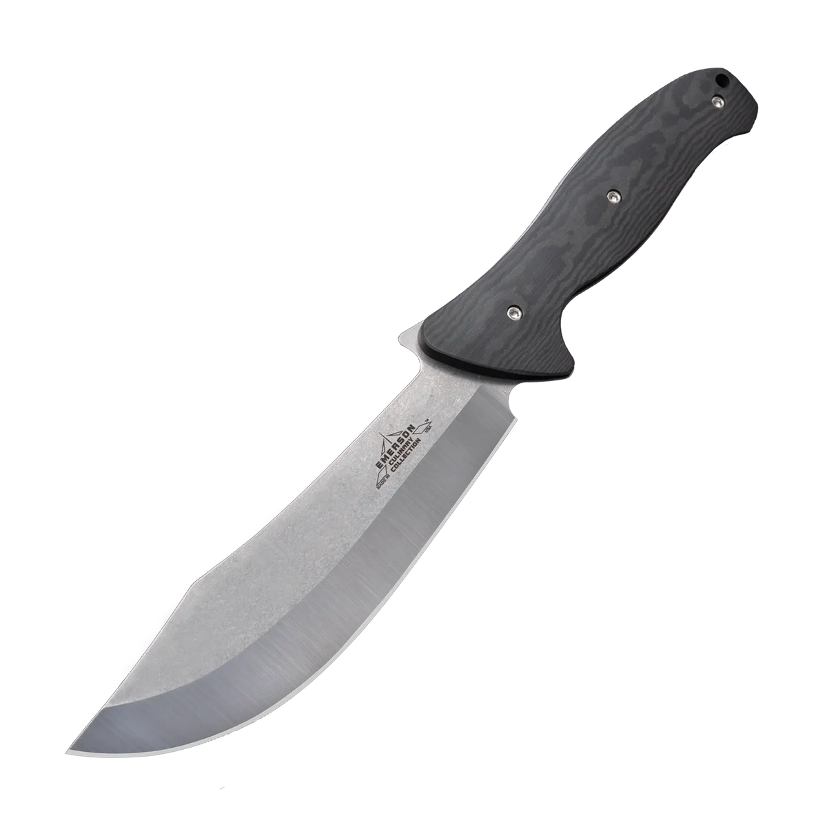 The Emerson Knives, Inc. Kitchen - Master Carver is a large fixed-blade knife with a dark textured handle, metal rivets, and a wide, curved blade featuring the logo near the base, shown on a plain white background.