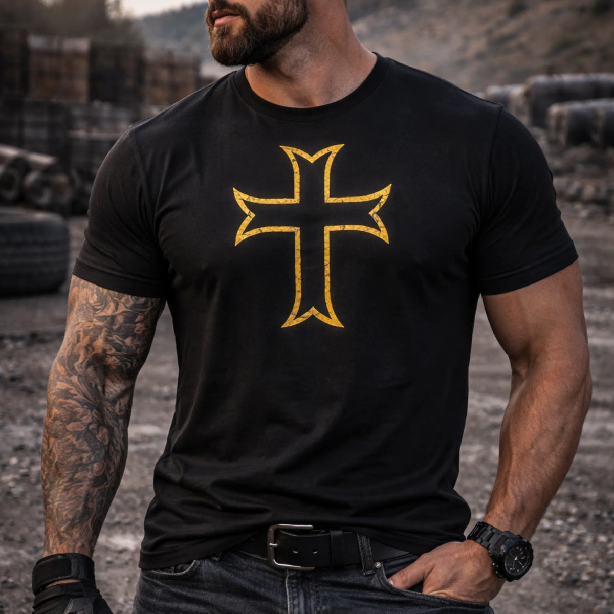 A muscular man with a tattooed arm wears the Emerson Knives, Inc. OBS Cross T-Shirt—a black tee with a large, yellow-outlined cross—while standing outdoors on dirt with blurred tires and hills in the background.