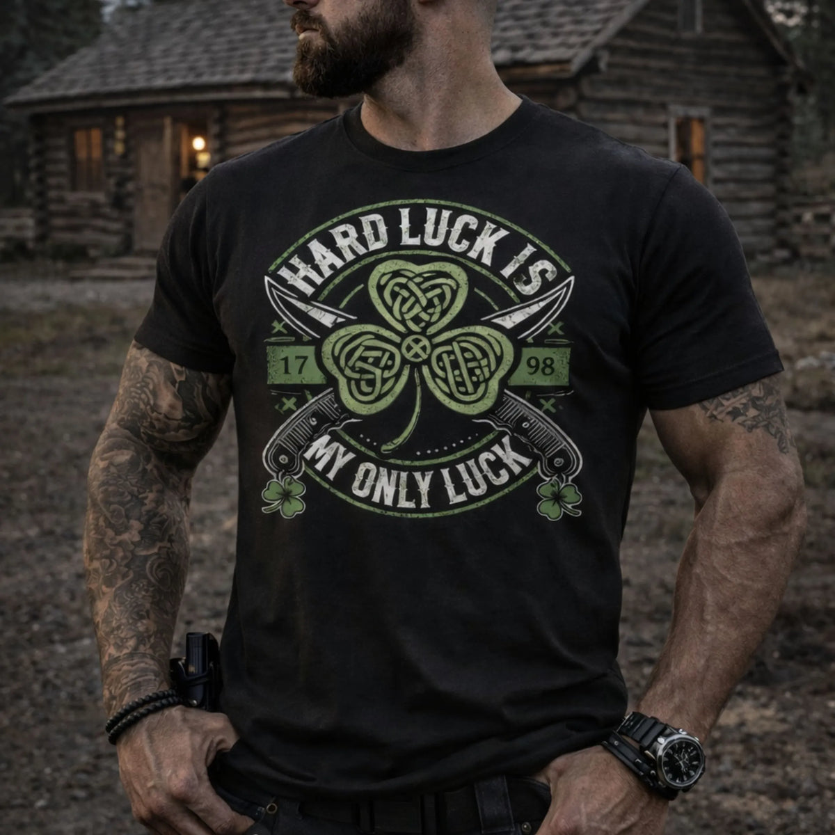 A muscular man stands outside a log cabin wearing Emerson Knives, Inc.'s "Hard Luck Is My Only Luck" T-shirt, featuring Celtic knots, shamrocks, two pistols, and 1798 on the black fabric.