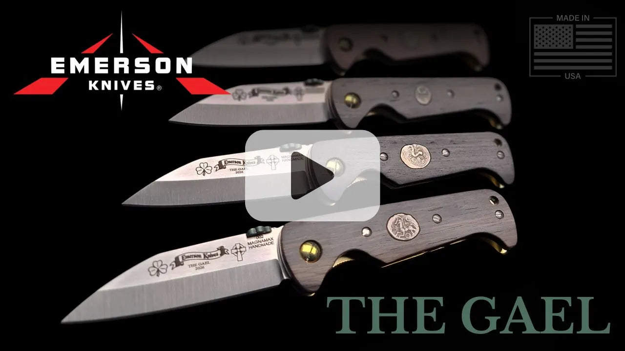 Four folding knives with dark handles and silver blades are displayed diagonally on a black background. The text reads EMERSON KNIVES and THE GAEL, with a U.S. flag and MADE IN USA in the top right corner.