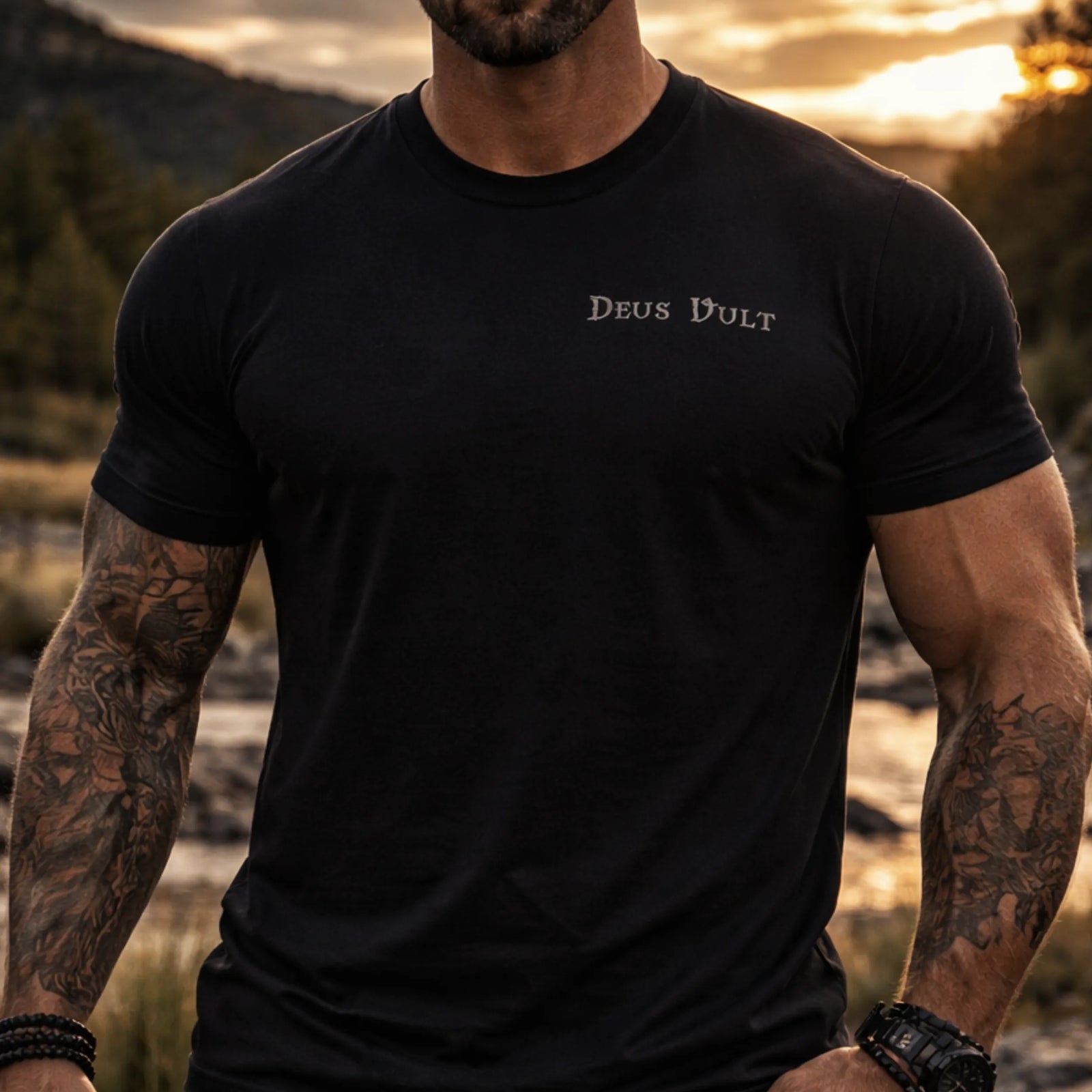 A muscular person with tattooed arms stands outdoors wearing the Emerson Knives, Inc. Deus Vult T-Shirt, which features a large Jerusalem Cross and "Deus Vult" on the back. Trees and a river are blurred in the background.