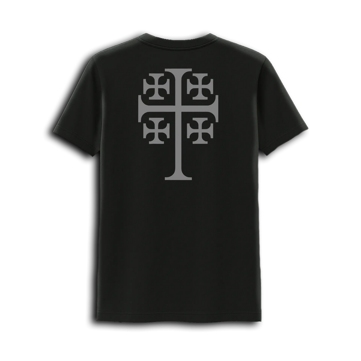 The Emerson Knives, Inc. Deus Vult T-Shirt is a black tee featuring a bold gray Jerusalem Cross and four smaller crosses on the back, honoring Crusader Knights with its striking, centered design.