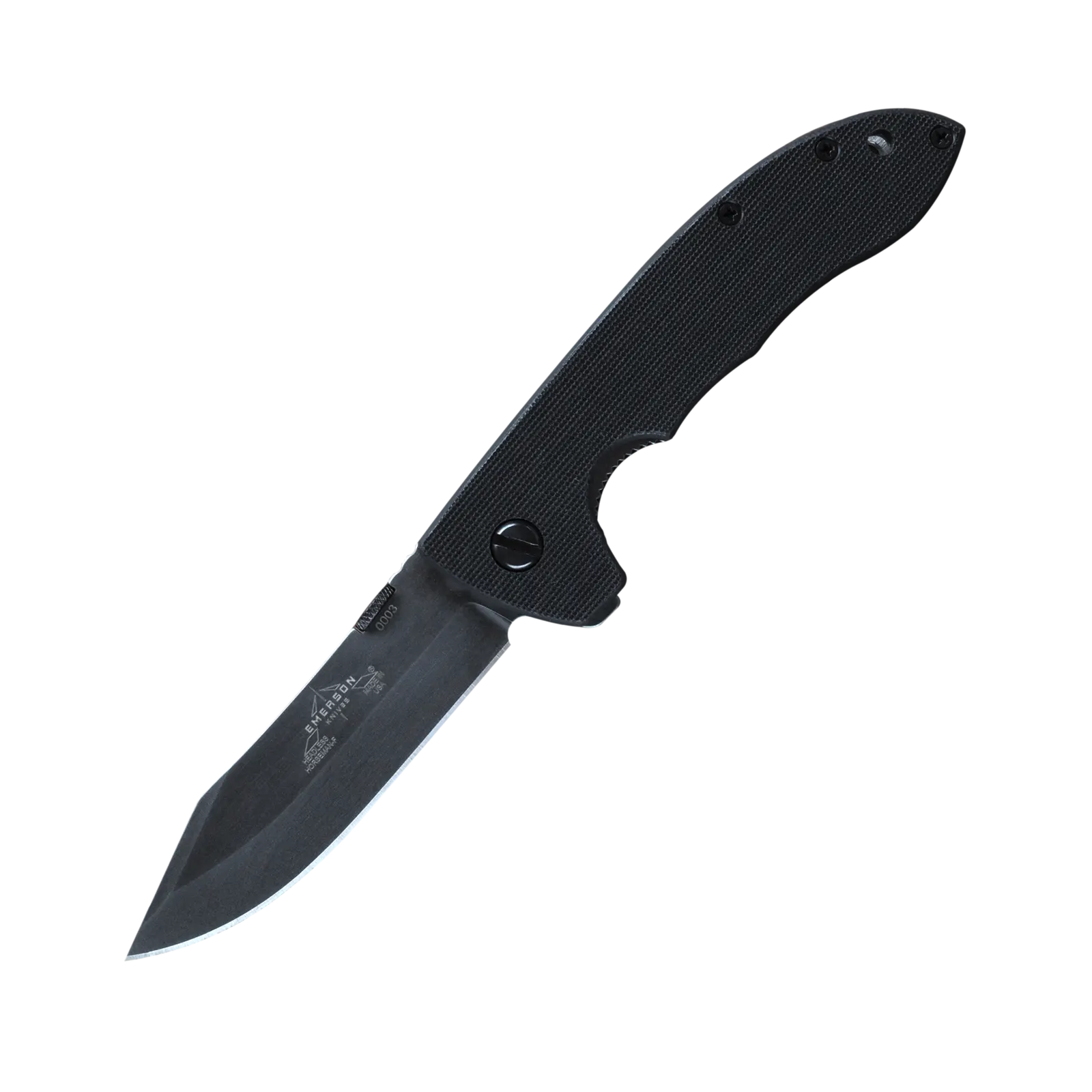 Compact and ideal for everyday carry, the Emerson Knives, Inc. Mini CQC-8NW Flipper | The Headless Horseman features an upswept silver blade with partial serration and a black textured handle, shown on a plain white background.