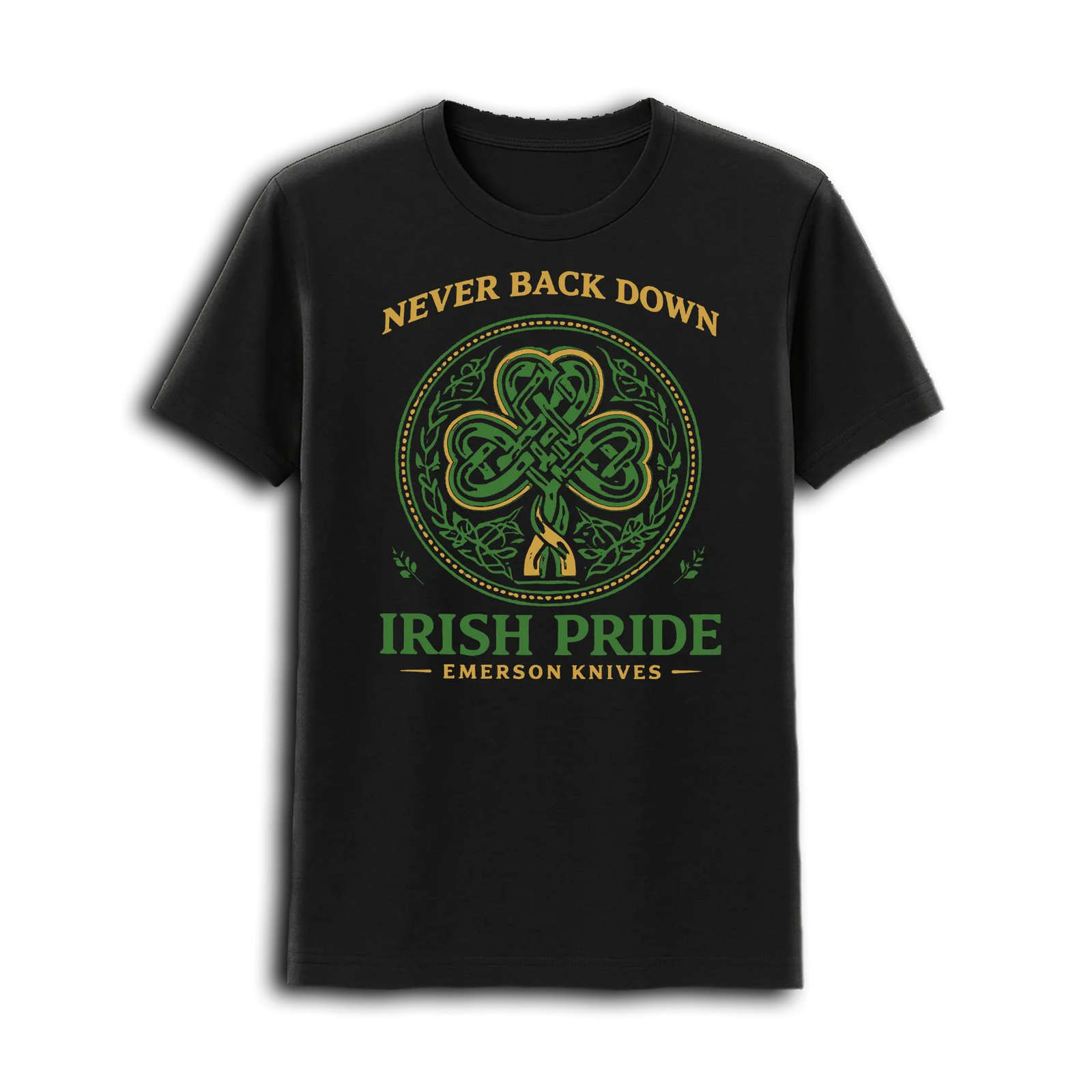 A man stands outdoors wearing the Irish Pride T-Shirt by Emerson Knives, Inc., featuring a Celtic knot and “Never Back Down” in yellow and green on the front to celebrate Irish culture.