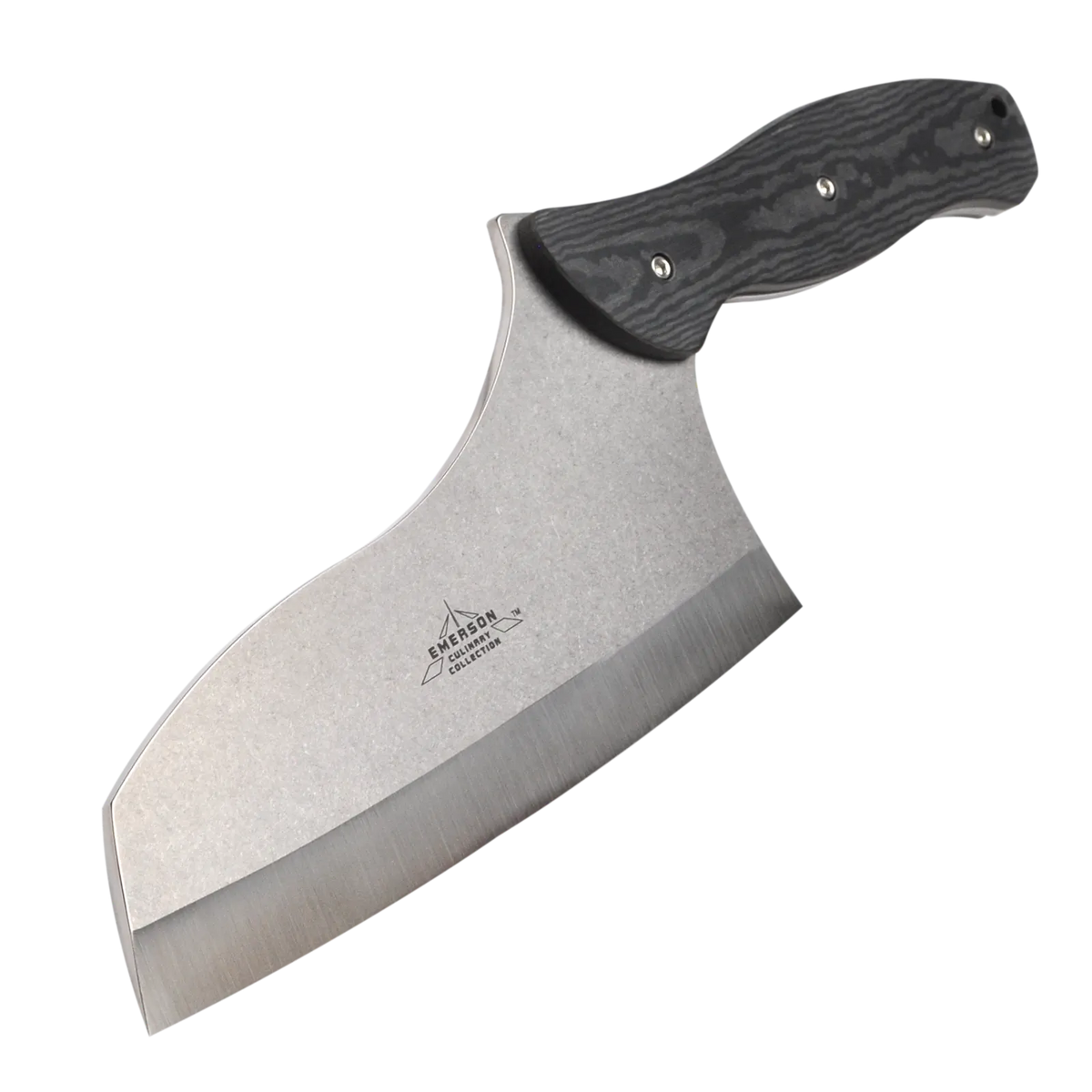 The Emerson Knives, Inc. Kitchen - Work Horse is a large, uniquely shaped cleaver with a wide curved blade and dark textured handle with three rivets, shown against a white background.