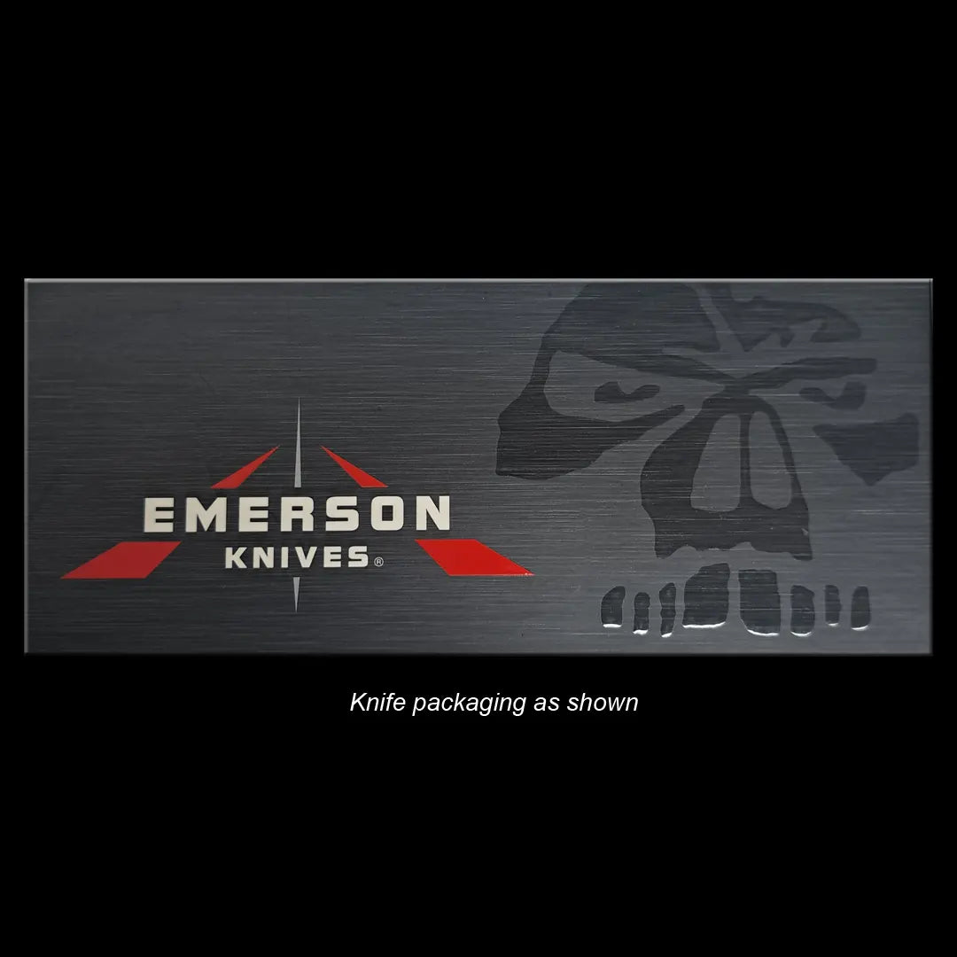 The Emerson Knives, Inc. CQC-7B - Left-Handed tactical folding knife with a black handle and tanto blade is displayed above a stylized skull graphic on a plain white background.