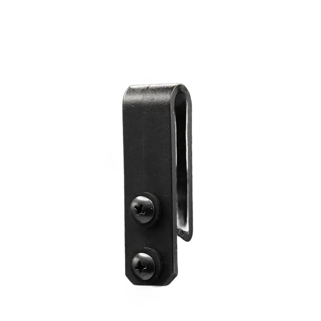 The Emerson Knives, Inc. Belt Clip is a black metal accessory with a rectangular, curved design and two screw holes for mounting, displayed against a plain white background.