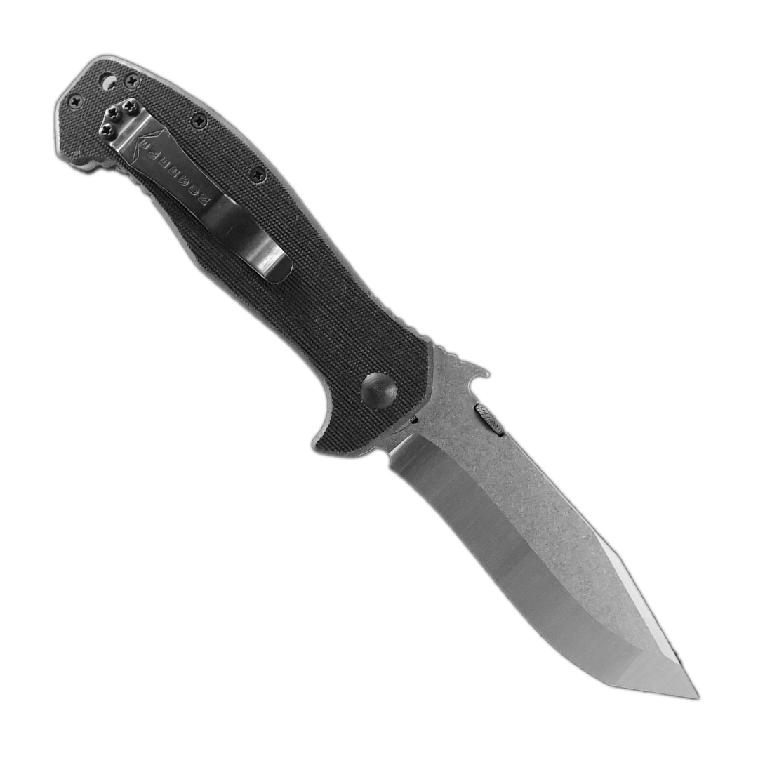 The Emerson Knives, Inc. CQC-15 folding pocket knife features a black textured handle and a tanto-style blade, displayed open against a white background.