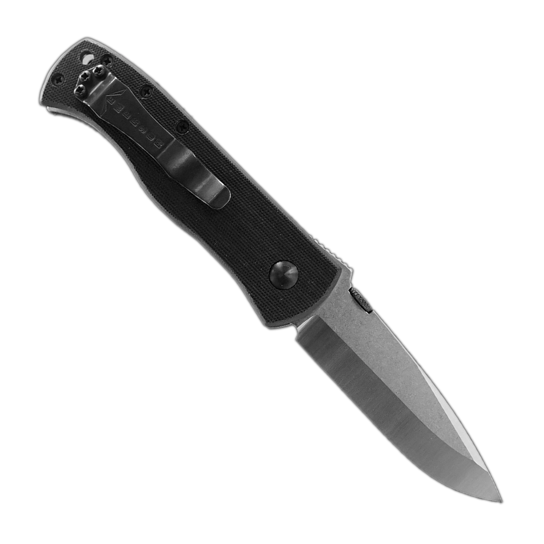 The Emerson Knives, Inc. CQC-7A is a folding pocket knife with a black textured handle and a partially serrated stainless steel blade, shown fully extended against a white background.