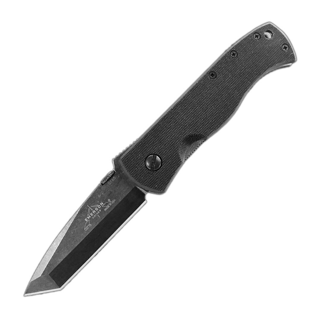 The Emerson Knives, Inc. CQC-7B is a folding knife with a black textured handle and partially serrated stonewashed tanto blade. It features a thumb stud and engraved markings on the blade.
