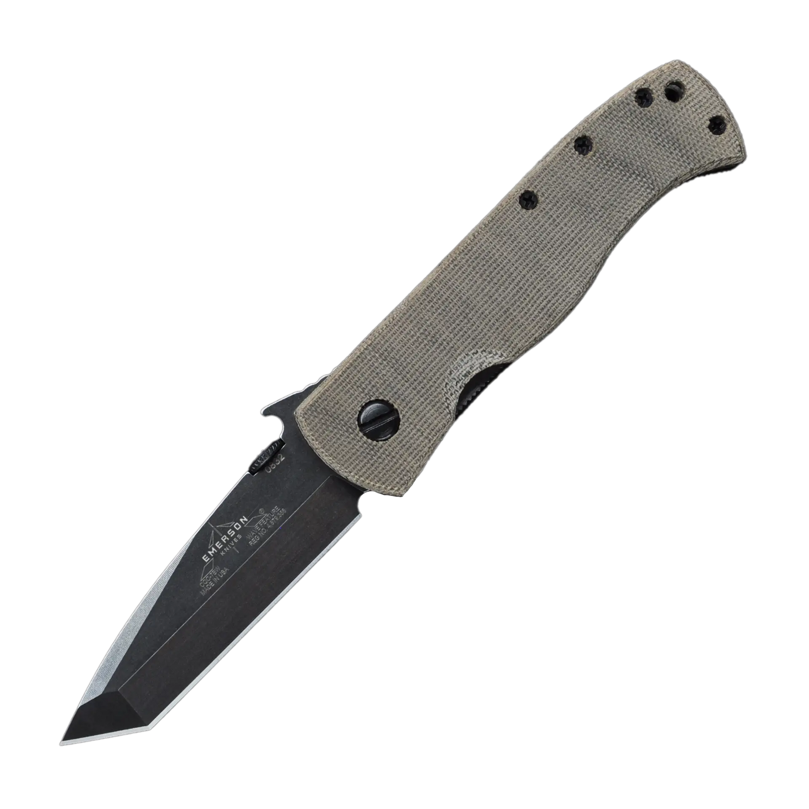 The Emerson Knives, Inc. CQC-7B Micarta is a folding pocket knife with a silver blade featuring engraved text and a tan textured handle accented by several visible screws, displayed against a white background.