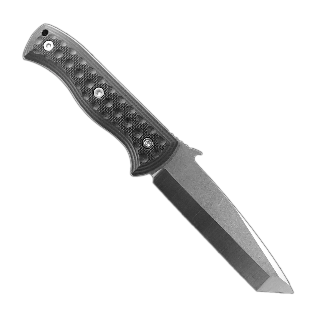 The Emerson Knives, Inc. CQC-7 Fixed Blade features a textured black handle and a silver 154CM stainless steel tanto point blade, displayed against a white background.