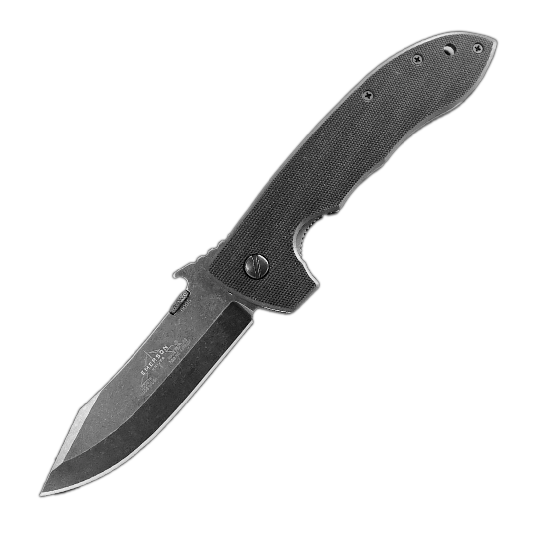 The Emerson Knives, Inc. CQC-8 Flipper is a folding pocket knife with a black textured handle, stonewashed stainless steel tanto blade, ball-bearing action for smooth deployment, and a thumb stud for easy opening.