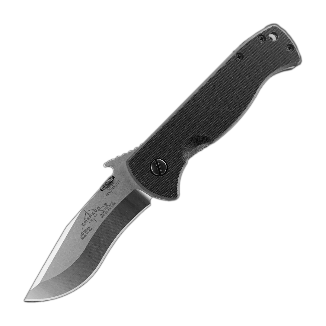 The Emerson Knives, Inc. Test Product (True) is a folding knife with an ergonomic black textured handle and a partially serrated curved stainless steel blade, shown against a white background.