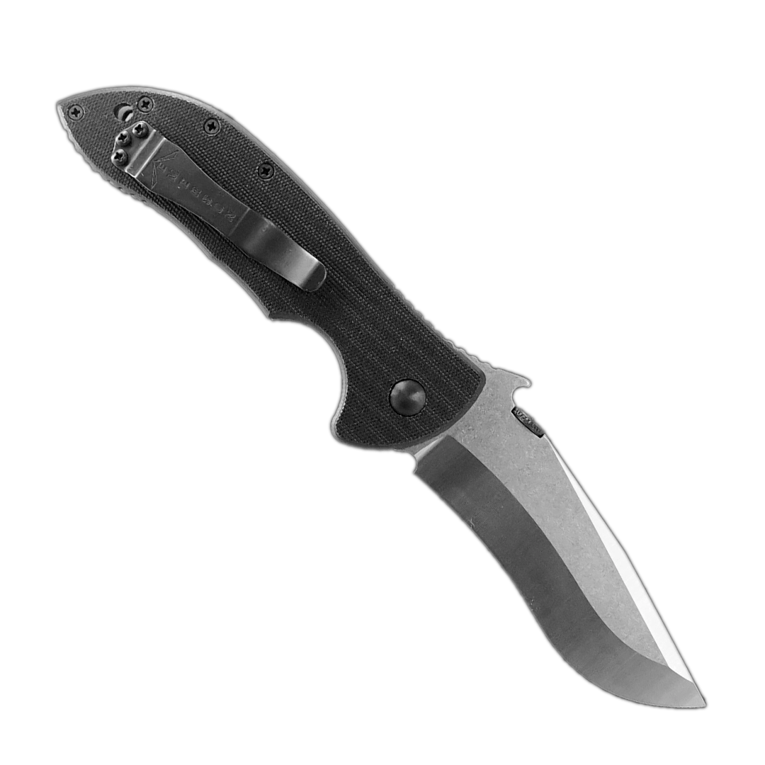 The Emerson Knives, Inc. Commander is a folding pocket knife with a partially serrated recurve blade, textured black handle, and the Emerson Wave Feature for fast deployment, shown open against a white background.