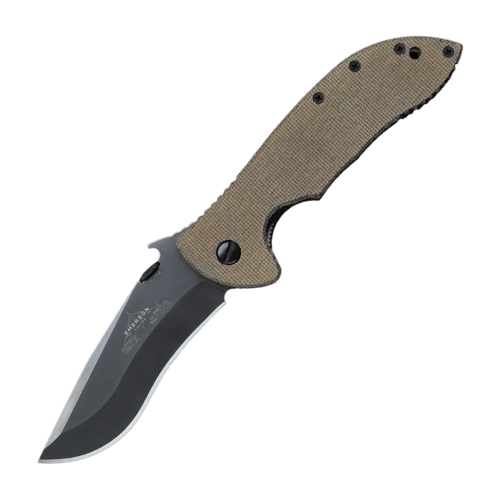 The Emerson Knives, Inc. Commander Micarta is a folding knife featuring a curved silver blade with a logo and text near the pivot, and a textured brown handle, shown partially open against a white background.