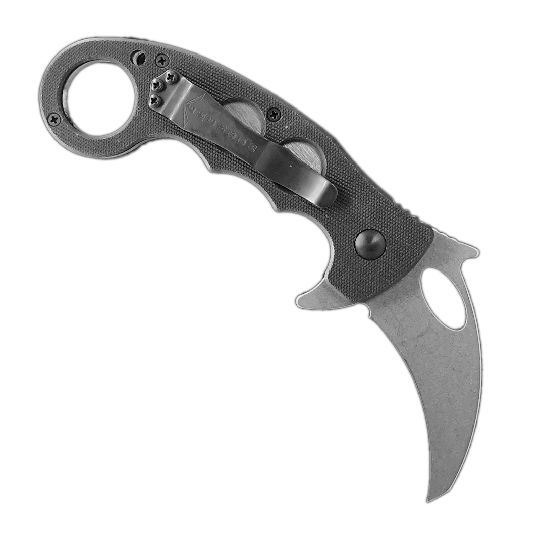 The Emerson Knives, Inc. Karambit Flipper is a curved, silver knife with a black textured handle, circular cutouts, and a finger ring at the end.