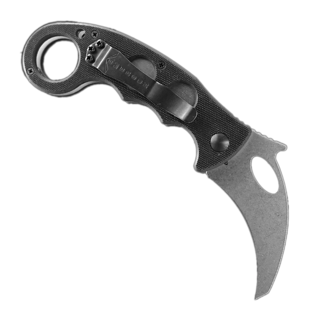 The Emerson Knives, Inc. Combat Karambit is a tactical folding knife with a curved silver blade and black textured handle, featuring finger holes and a safety ring for secure grip and improved personal defense.