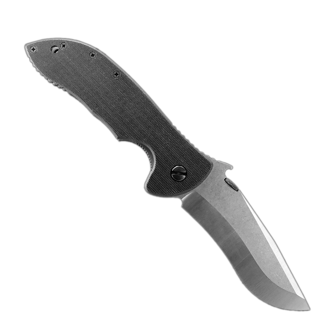 The Emerson Knives, Inc. Commander - Left-Handed pocket knife features a curved stainless steel blade, black textured handle, metal clip, pivot screw, and displays the Commander logo and text. Shown partially open on a white background.
