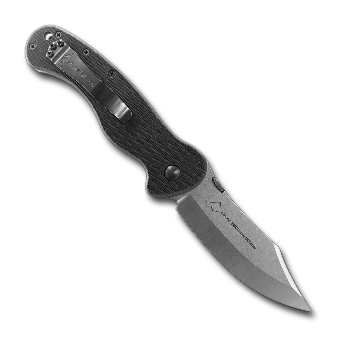 The Emerson Knives, Inc. MX-100 is a folding pocket knife featuring a curved, partially serrated stainless steel blade and a textured black handle, displayed on a white background.