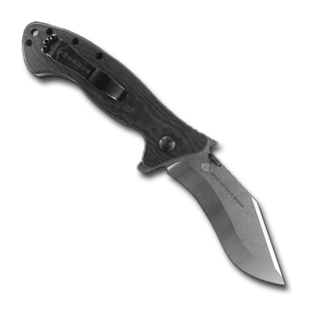 The Emerson Knives, Inc. MX-200 tactical knife features a black textured handle and a stainless steel tanto-style blade, displayed against a white background.