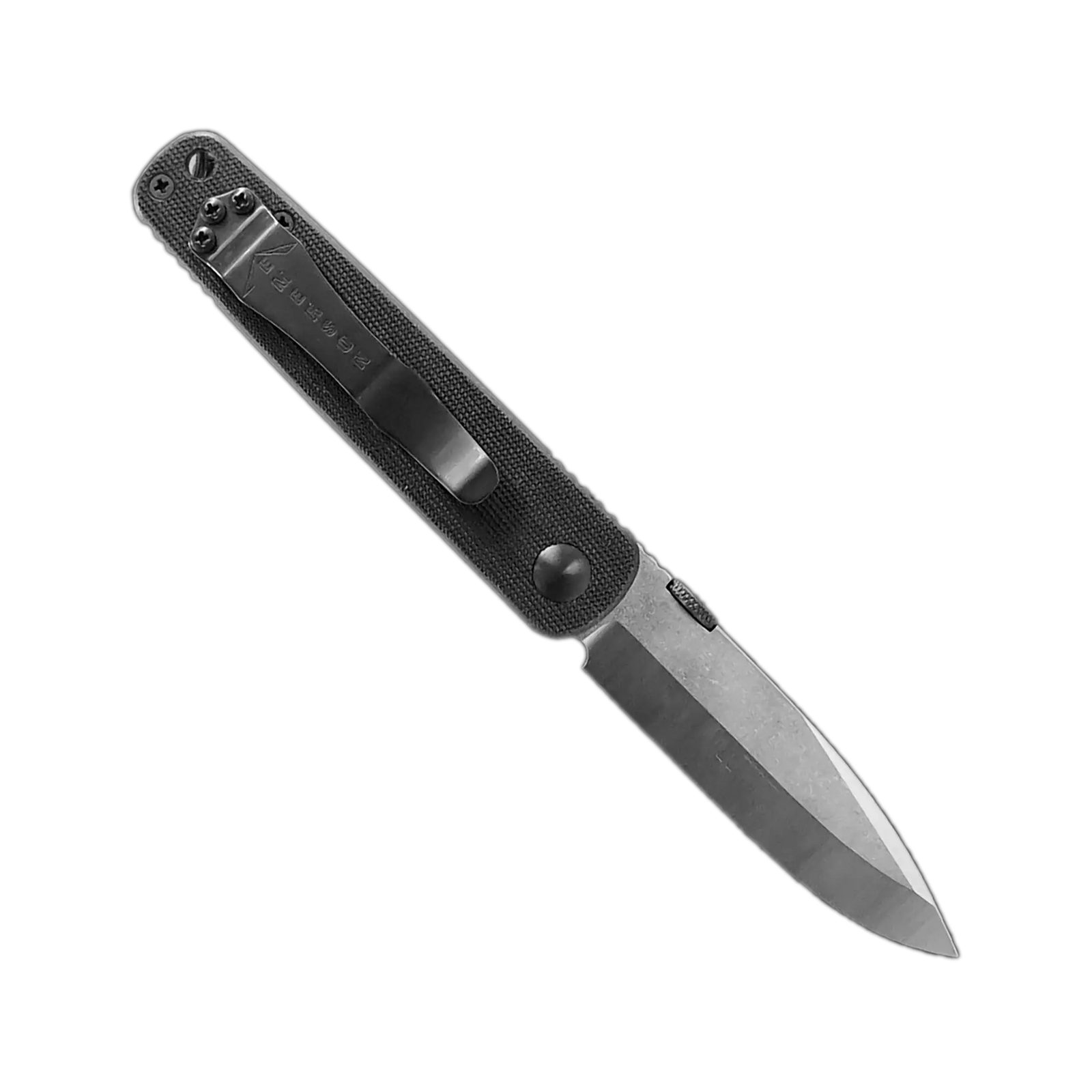 The Emerson Knives, Inc. Mini A-100 folding pocket knife features a black textured handle and a partially opened stainless steel blade, displayed on a white background.