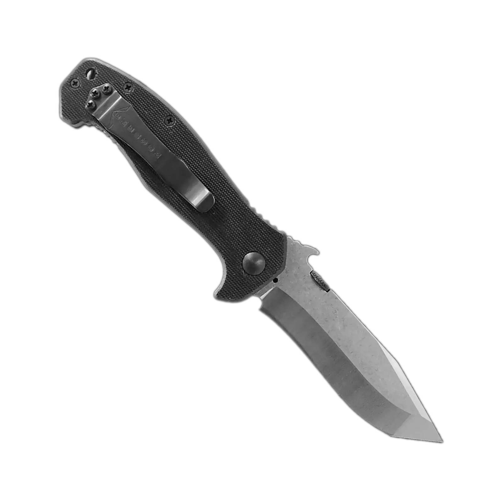 The Emerson Knives, Inc. Mini CQC-15 is a folding pocket knife with a textured black handle and partially serrated, silver-toned recurve blade—an ideal utility tool shown open against a white background.
