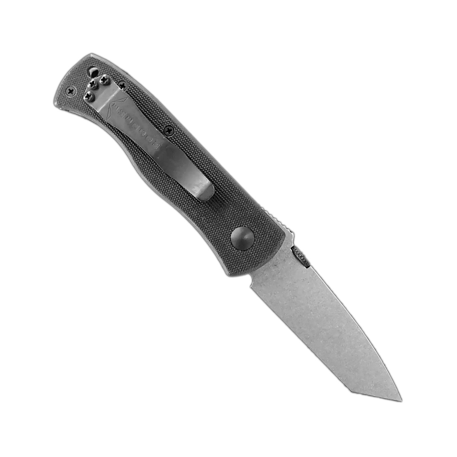 The Emerson Knives, Inc. Mini CQC-7B is a folding pocket knife with a black textured handle and a stainless steel tanto-style blade, partially open and angled left, displaying the logo on the blade.