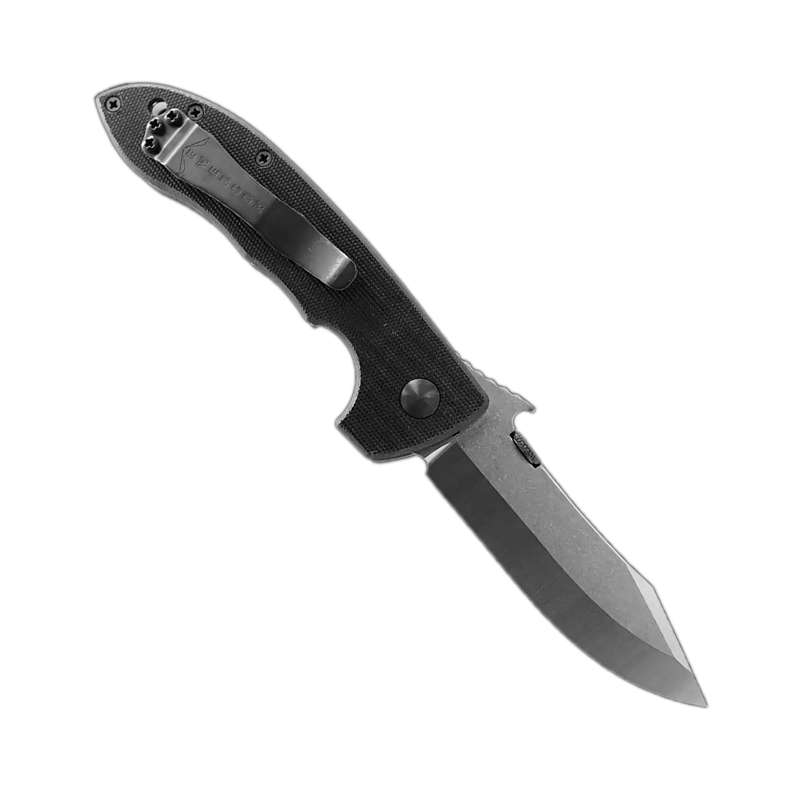 The Emerson Knives, Inc. Mini CQC-8 | The Horseman is a folding pocket knife featuring a black textured handle and a partially open, stonewashed stainless steel blade, shown against a white background.