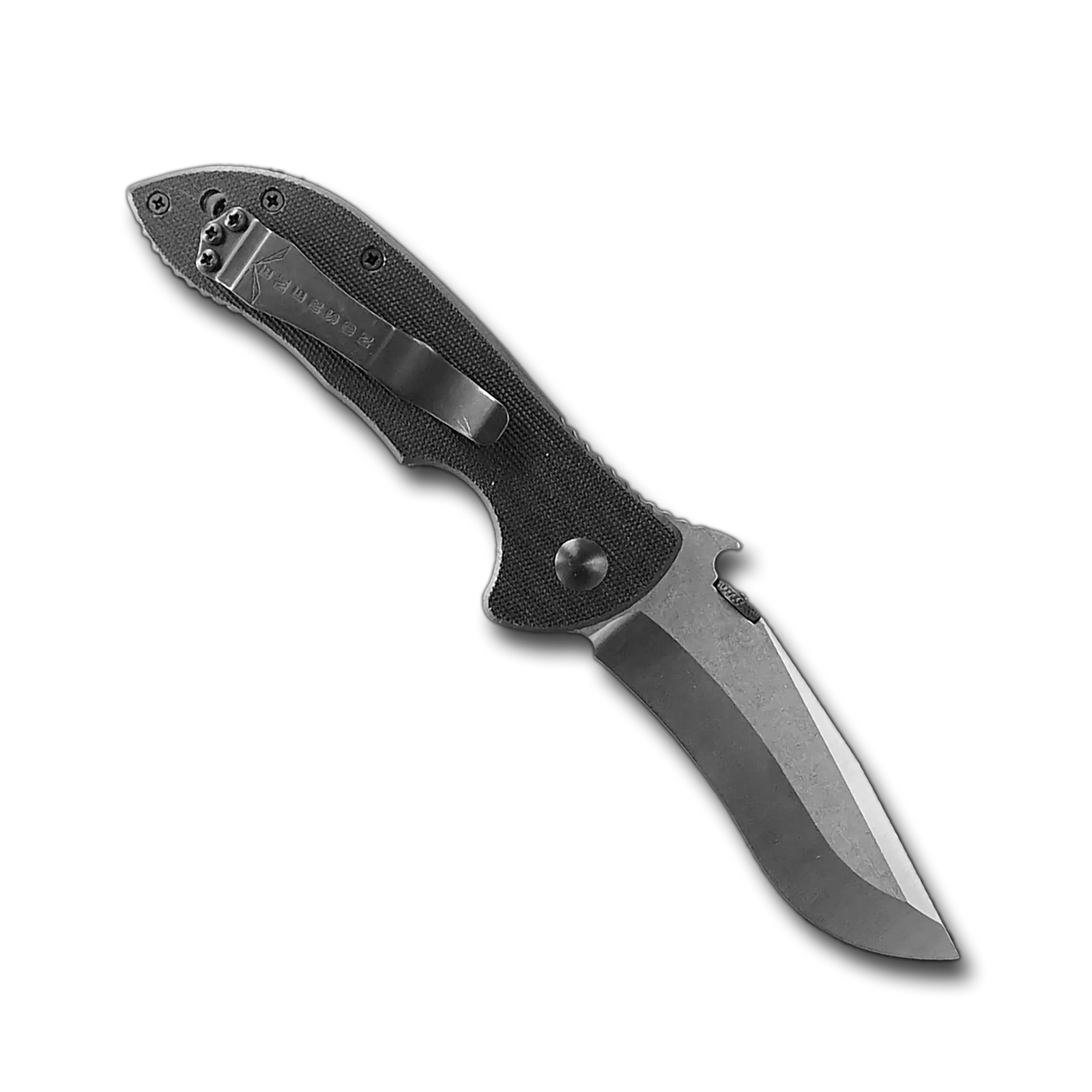 The Emerson Knives, Inc. Mini Commander is a folding pocket knife with a partially serrated, curved stainless steel blade and a textured black handle, displayed on a white background.