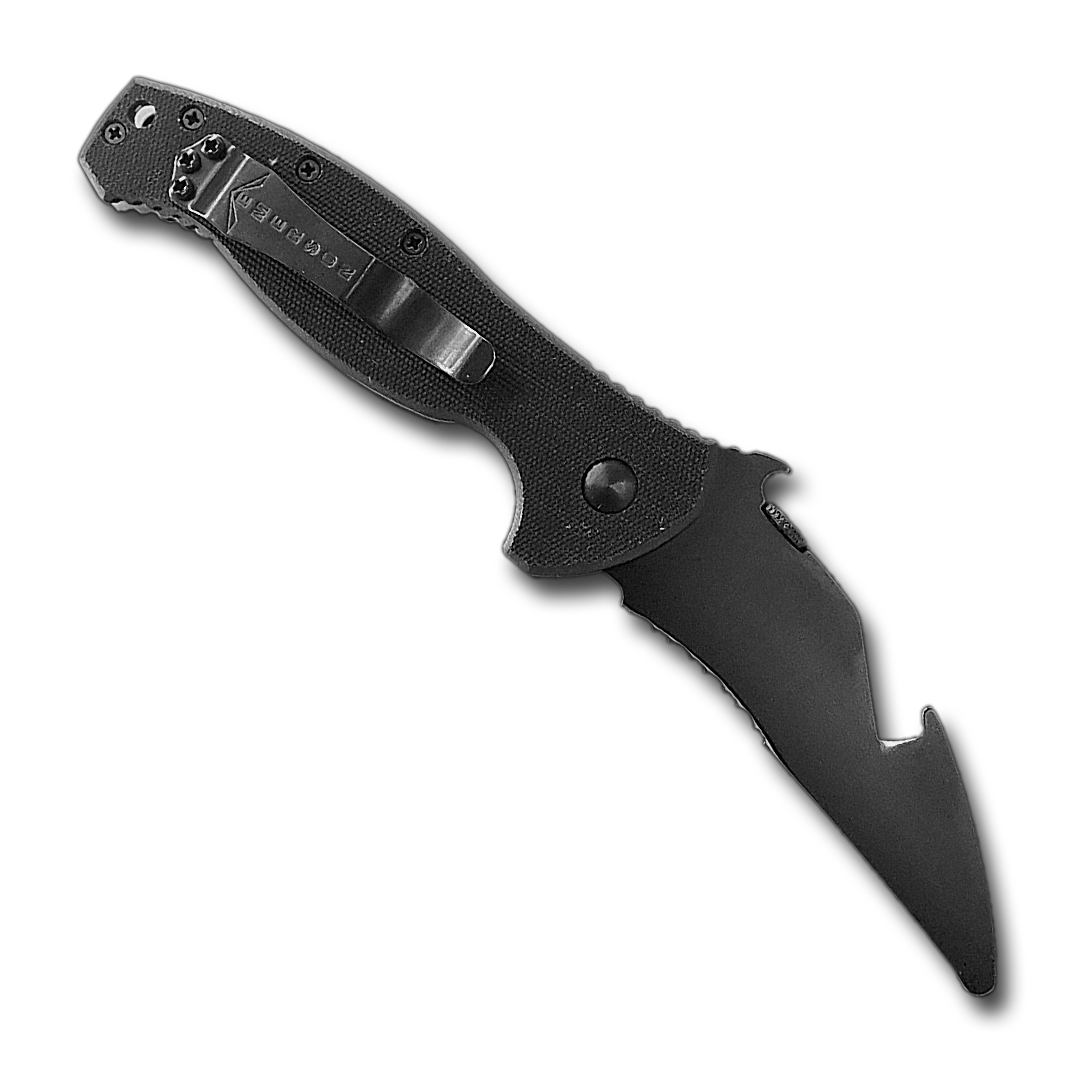 The Emerson Knives, Inc. N-SAR is a black folding rescue knife with a partially serrated blade, gut hook, and textured handle. Logos and text are visible near the hinge, showcasing its reliability as an EMT tool against a white background.