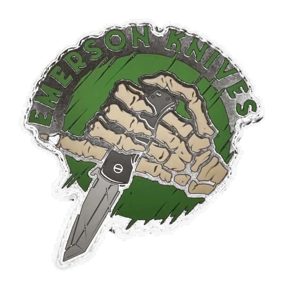 The Pinkies Up Patch by Emerson Knives, Inc. displays a skeletal hand with an open knife on a green background, with "EMERSON KNIVES" printed boldly above the image.