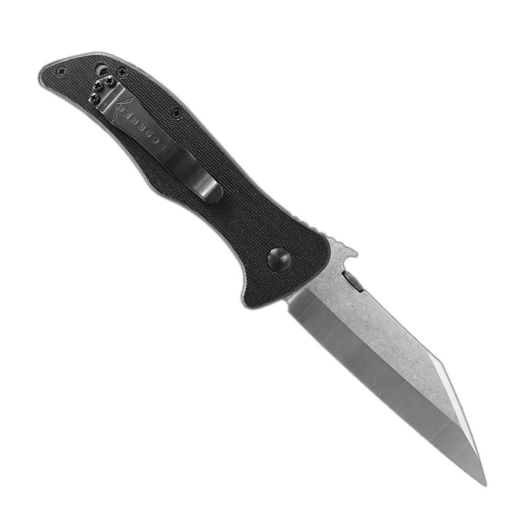 The Emerson Knives, Inc. Seax features a black textured handle and a partially serrated, stonewashed tanto-style blade for versatile utility, displayed on a white background.
