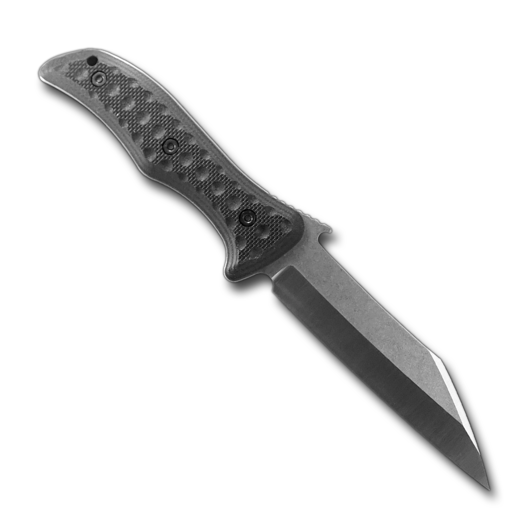 The Emerson Knives, Inc. Seax Fixed Blade features a dark, partly serrated blade and a textured black handle, angled slightly left on a white background.