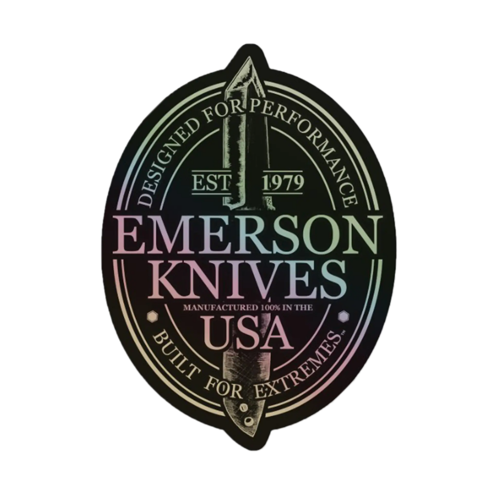 The Designed for Performance Sticker by Emerson Knives, Inc. features a black and white oval logo with a central dagger and text: “Designed for performance. Est 1979. Emerson Knives USA. 100% USA made. Built for extremes.”.