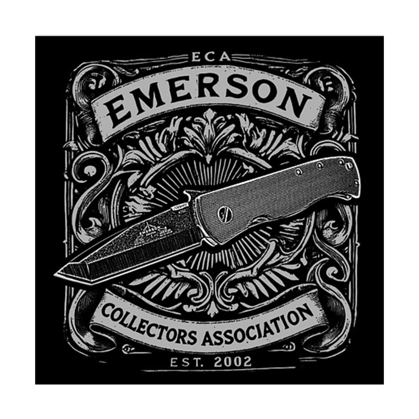 A holographic sticker with ornate patterns displays a folding knife at the center. Text reads: ECA Emerson Collectors Association Est. 2002 by Emerson Knives, Inc.
