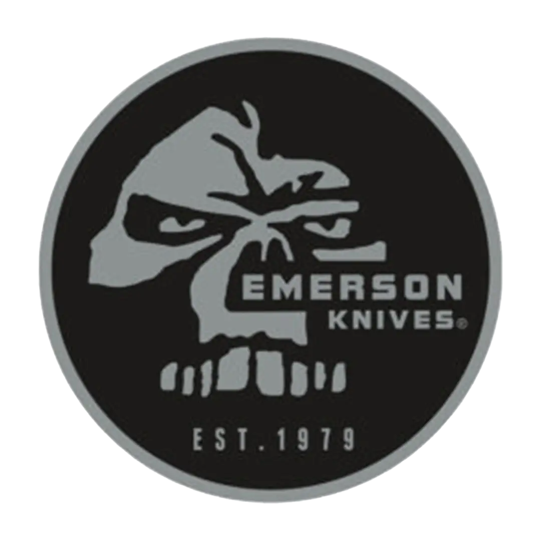 The Emerson 1979 Sticker by Emerson Knives, Inc. features a circular black background with a red skull, gray text reading EMERSON KNIVES over the skull, EST. 1979 below, and a gray outline.