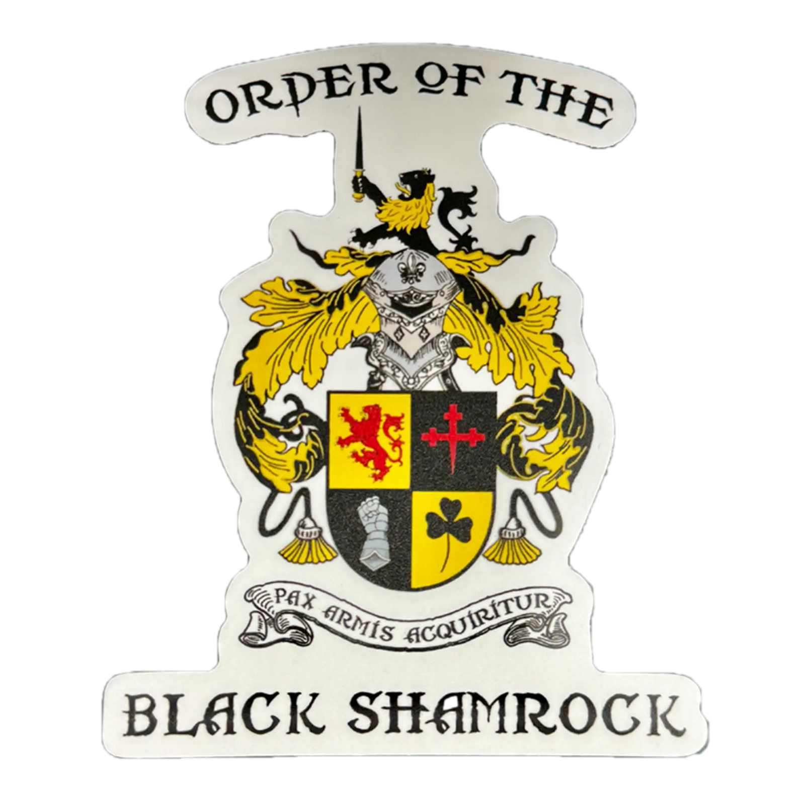 The OBS Coat of Arms Sticker by Emerson Knives, Inc. displays a shield with a red lion, black cross, armored arm, and Black Shamrock Sticker, topped by a gold and black helm and eagle. The banner below reads "Pax Armis Acquiritur.