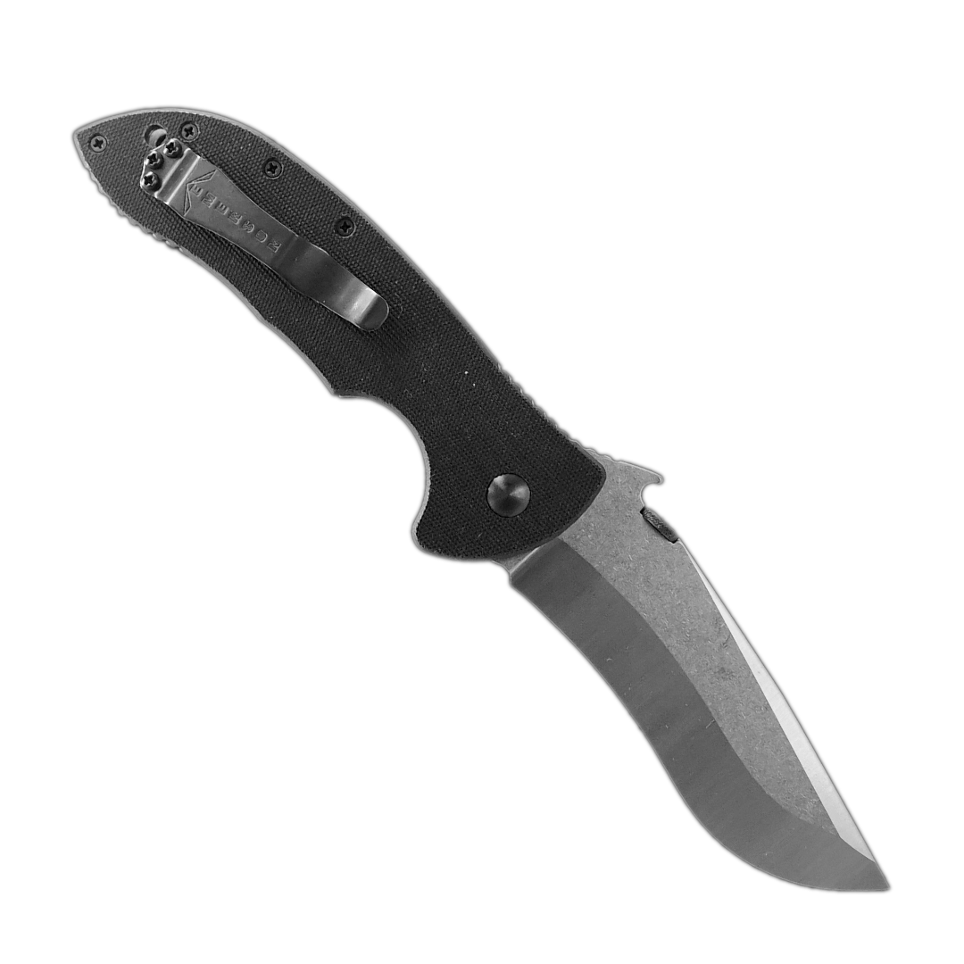 The Emerson Knives, Inc. Super Commander is a folding pocket knife with a black textured handle and a partially serrated stainless steel recurve blade featuring the Emerson Wave, shown open against a white background.