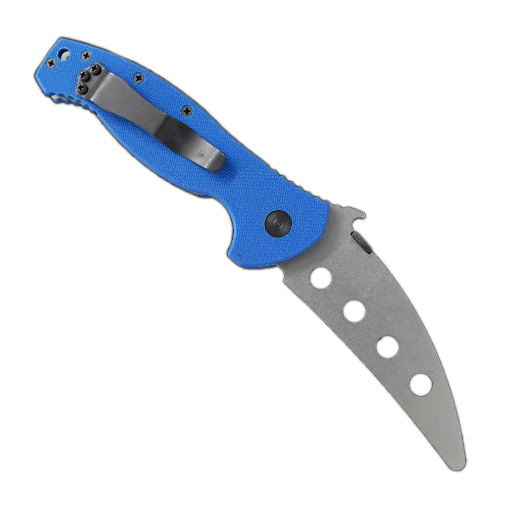The SARK Trainer by Emerson Knives, Inc. is a folding pocket knife with a blue textured handle, silver blade with round holes and logo, and a rounded tip for safe CQC practice, resembling classic Emerson Training Knives.