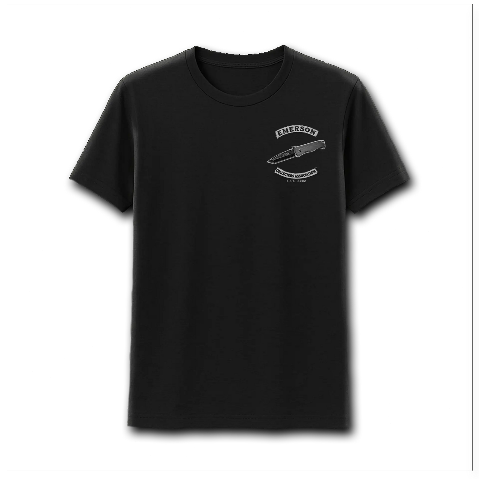 A man on a motorcycle wears the ECA T-Shirt by Emerson Knives, Inc., featuring an ornate folding knife design and "Emerson Collectors Association Est. 2002" text. Motorcycles and people can be seen in the background.