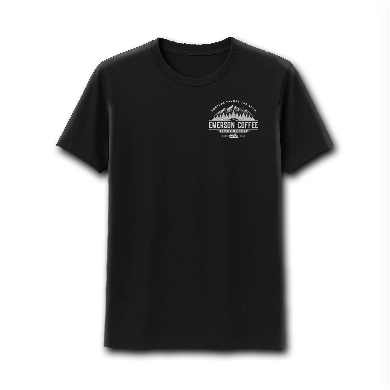 The Emerson Coffee T-Shirt by Emerson Knives, Inc. is a black tee with a white graphic on the back showing mountains, trees, "Fortune favors the bold," "Emerson Coffee Roasters Company Est. 2019," and two coffee beans.